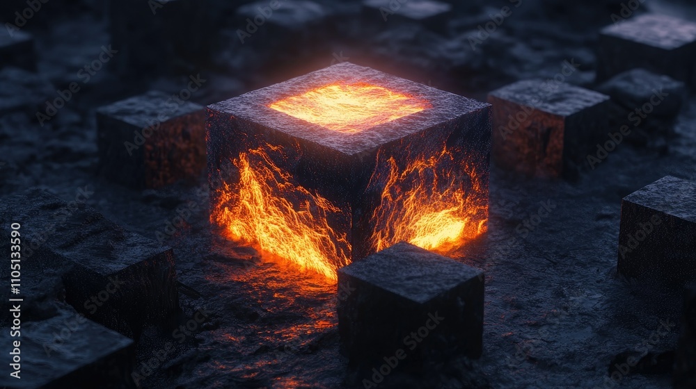 Poster a glowing cube surrounded by dark blocks, emitting intense light and heat, representing power and en