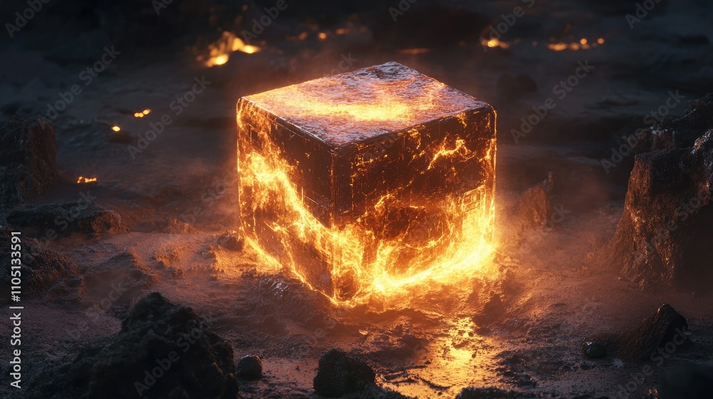 Poster a glowing cube surrounded by dark blocks, emitting intense light and heat, representing power and en