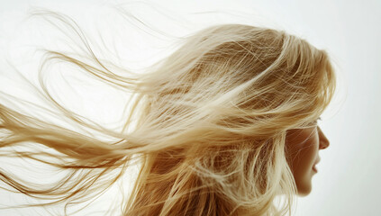 A beautiful, blonde woman with long, flowing hair in the wind. This image represents a beauty and spa concept