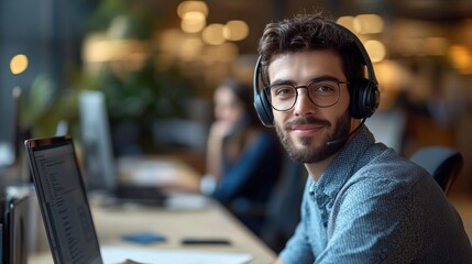 Obraz premium Focused Male Customer Service Representative with Headset in Office