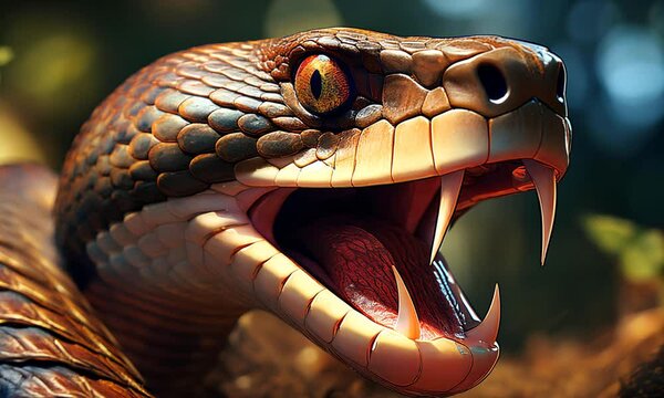 Dangerous poisonous cobra snake, animal in tropical nature. Snake with open mouth, showing sharp teeth and tongue. Concept: danger, poison, deadly bite.