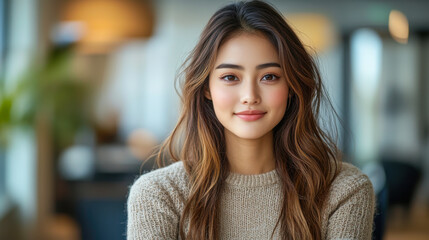 Smiling asian woman in cozy sweater indoors during daylight
