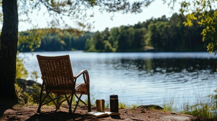 Fototapeta premium A serene lakeside escape with a chair, a book, and a thermos placed on the ground, creating a peaceful setting to enjoy the beauty of nature and tranquility by the water.