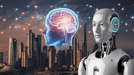 AI-Inspired Visuals: Illustrate artificial intelligence concepts with icons like a human head with a brain circuit, a robot, or a neural network design. Add futuristic touches like glowing nodes or ho