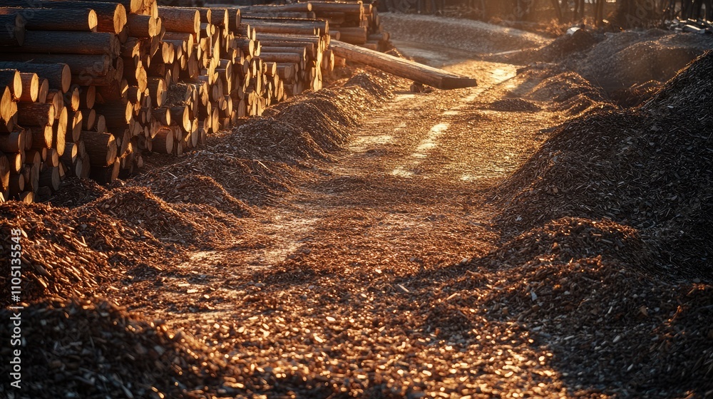 Poster A sunlit wood processing site with a dense layer of wood chips lining the path and neat stacks of logs, reflecting the efficient and responsible use of forest resources