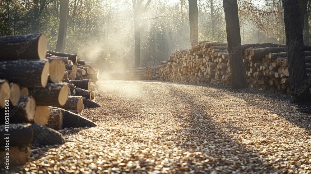 Poster A sunlit wood processing site with a dense layer of wood chips lining the path and neat stacks of logs, reflecting the efficient and responsible use of forest resources