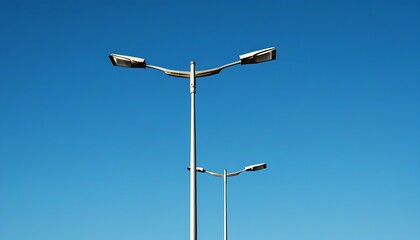 Bright urban street scene with metal lampposts and blue sky