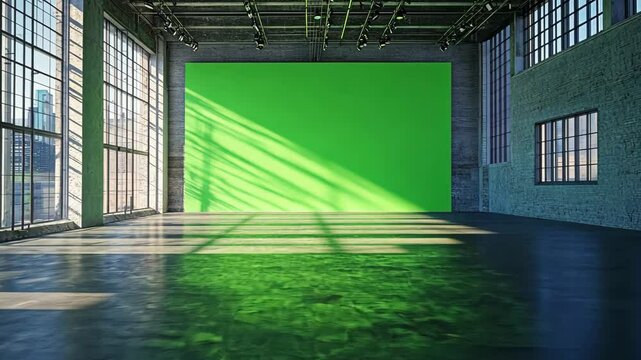 A long, empty corridor with empty billboard, green screen