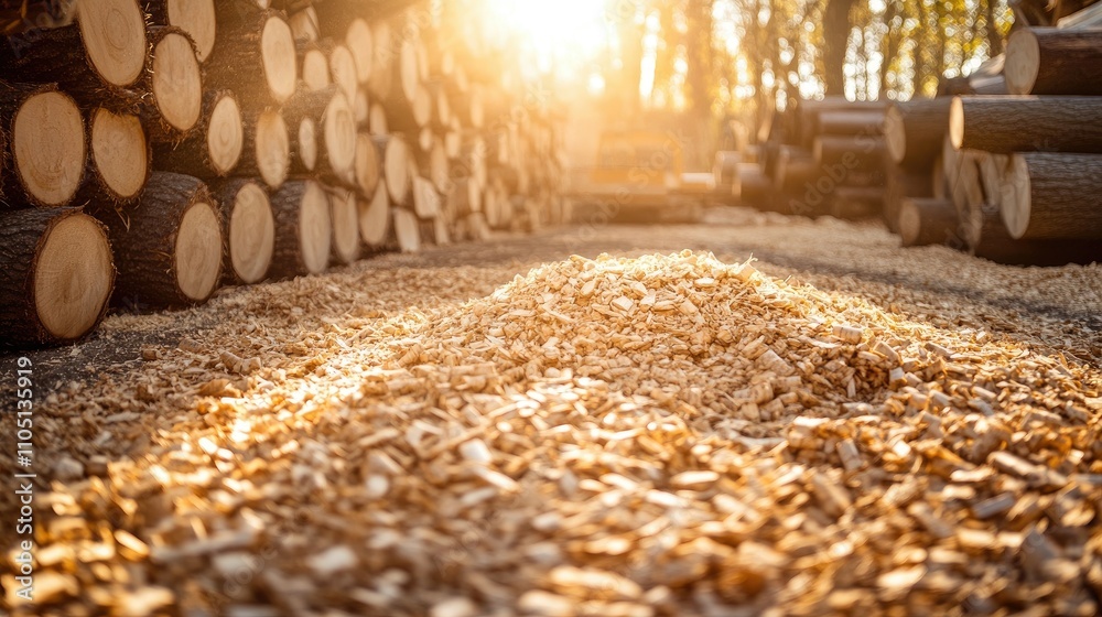 Poster A wood processing site showing a thick layer of wood chips spread across the ground with neat logs stacked in the sunlight, reflecting efficient and eco-friendly material handling