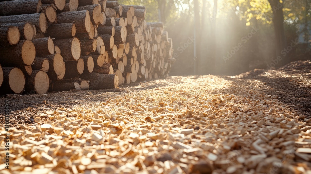Poster A wood processing site showing a thick layer of wood chips spread across the ground with neat logs stacked in the sunlight, reflecting efficient and eco-friendly material handling