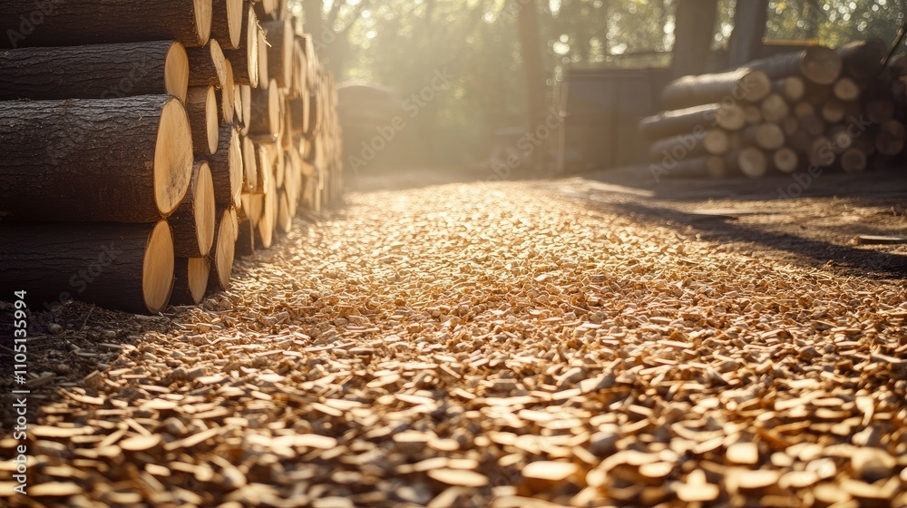 Poster A wood processing site showing a thick layer of wood chips spread across the ground with neat logs stacked in the sunlight, reflecting efficient and eco-friendly material handling