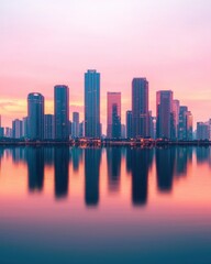 Obraz premium A vibrant city skyline at sunset, reflecting colors across the water, showcasing modern architecture and a serene atmosphere.
