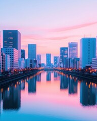 Obraz premium A serene cityscape at dusk, featuring modern buildings reflected in a calm river under a pastel sky.