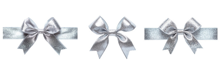 Elegant silver bows, minimalist design, symmetrical arrangement, white background, festive decoration accents Isolated on white background or PNG