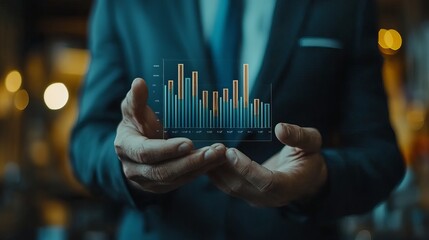 Businessman Holding business Bar Graph with Percentage Metrics for Financial Analysis