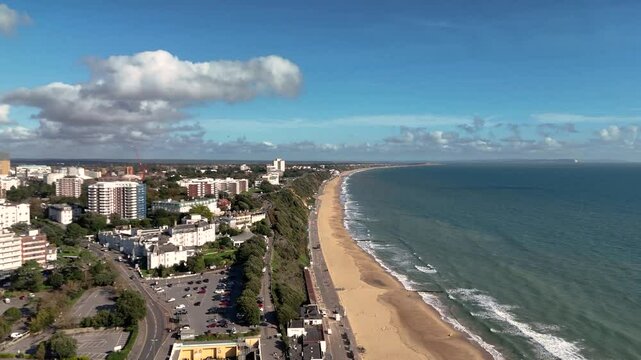Bournemouth.High panning footage across town and out to sea looking towards Eastcliffe on bright sunny day