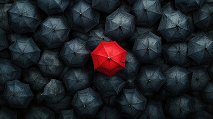 A vibrant red umbrella stands out among dark black umbrellas, symbolizing individuality, uniqueness, and outstanding branding. Perfect for business, marketing, and motivational themes.
