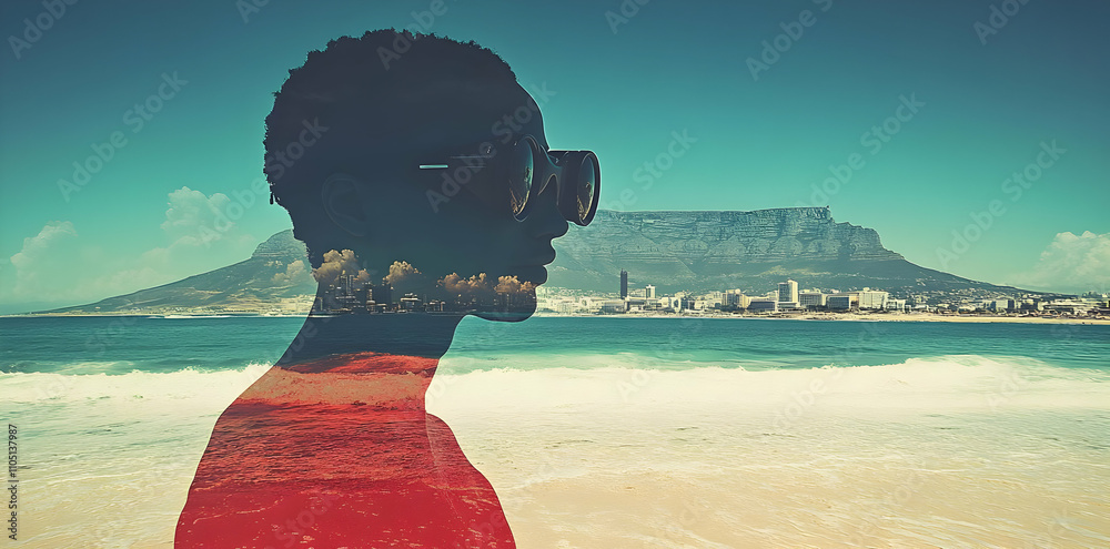 Poster a double exposure of a person against a beach and mountain backdrop, creating a surreal effect.