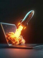 Naklejka premium Startup concept with rocket flying out of laptop screen on black background. Sideview, 3D Rendering