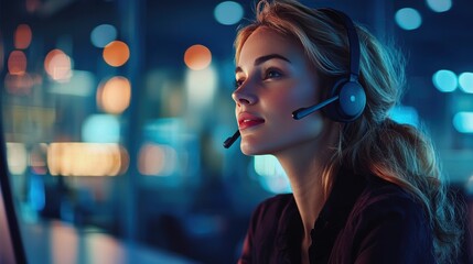 Young Woman with Headset Working in a Modern Call Center Environment