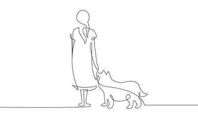 Woman Walking with Dog Line Art Drawing. Dog Abstract One Line Vector Illustration. Minimal Trendy Contemporary Design Perfect for Wall Art, Prints, Social Media, Posters, Invitations, Branding Design