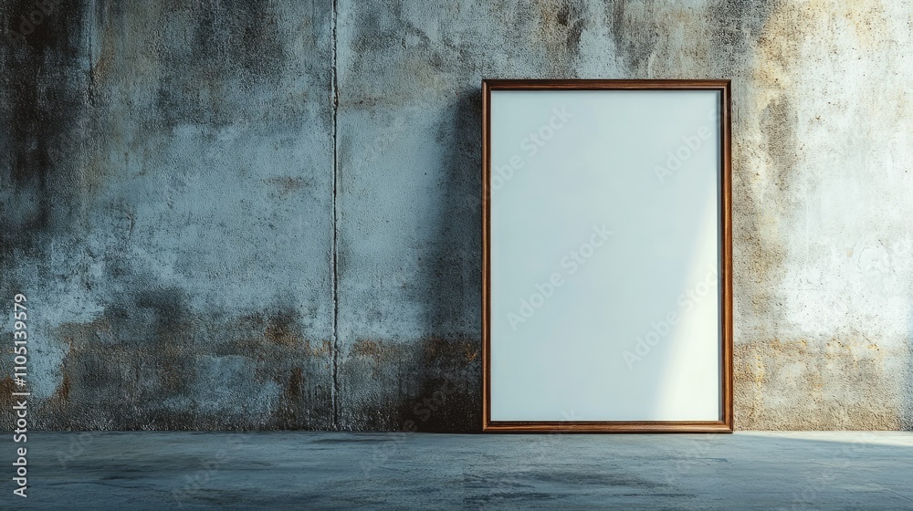 Poster empty poster frame with space for design, placed against a weathered concrete wall, showcasing a mod