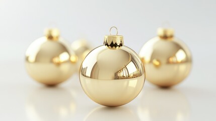 Isolated golden Christmas baubles with light reflections, rendered in 3D, perfect for seasonal designs and celebrations.