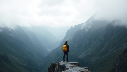 Solo hiker standing on top of a foggy ridge overlooking distant mountain ranges