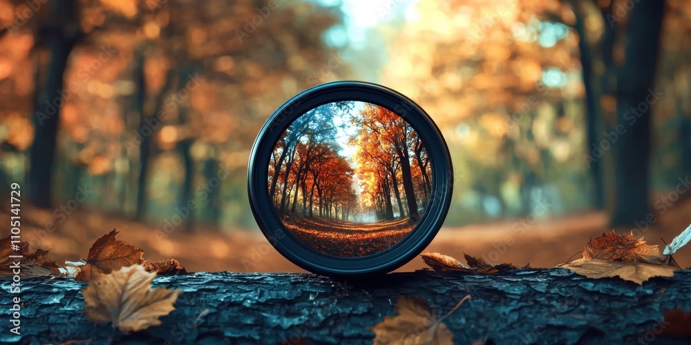 Poster lens is on a log with leaves on it