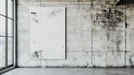 Mockup of a large poster on a concrete wall, the raw texture contrasting with sleek, minimalist design.