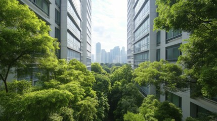 Obraz premium Mitigation strategies for climate change adaptation in urban planning emphasize bright daylight, green spaces, and innovative architectural designs.