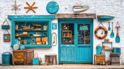 Exploring the charm of a nautical-themed coastal souvenir shop front coastal town retail space outdoor setting eye-level view nautical decor and artifacts