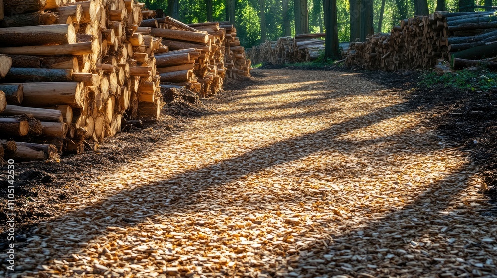 Poster Sunlight casts shadows over a path lined with wood chips in a processing area, with neatly stacked logs in the background, emphasizing sustainable forestry practices
