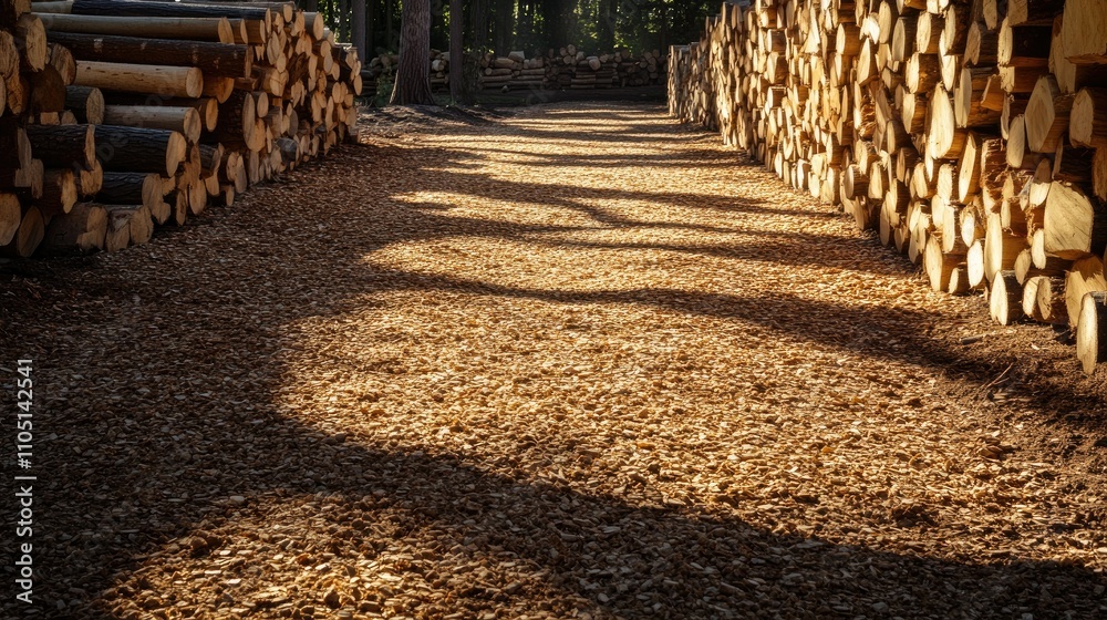 Poster Sunlight casts shadows over a path lined with wood chips in a processing area, with neatly stacked logs in the background, emphasizing sustainable forestry practices