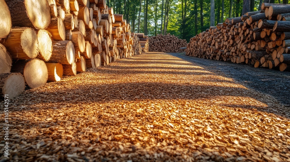 Poster Sunlight casts shadows over a path lined with wood chips in a processing area, with neatly stacked logs in the background, emphasizing sustainable forestry practices