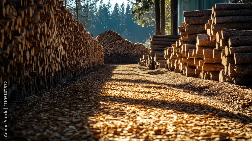 Poster Sunlight casts shadows over a path lined with wood chips in a processing area, with neatly stacked logs in the background, emphasizing sustainable forestry practices