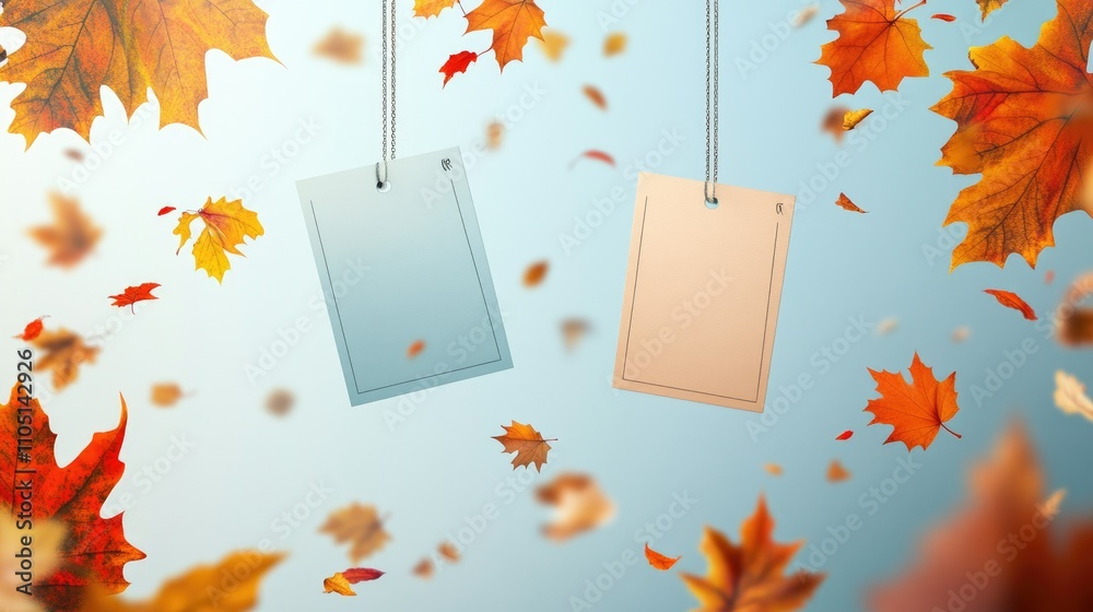 Poster two rectangular promotional labels hanging in the air, surrounded by flying autumn leaves, creating 