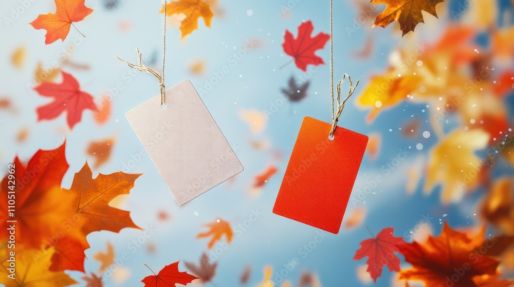 Poster two rectangular promotional labels hanging in the air, surrounded by flying autumn leaves, creating 