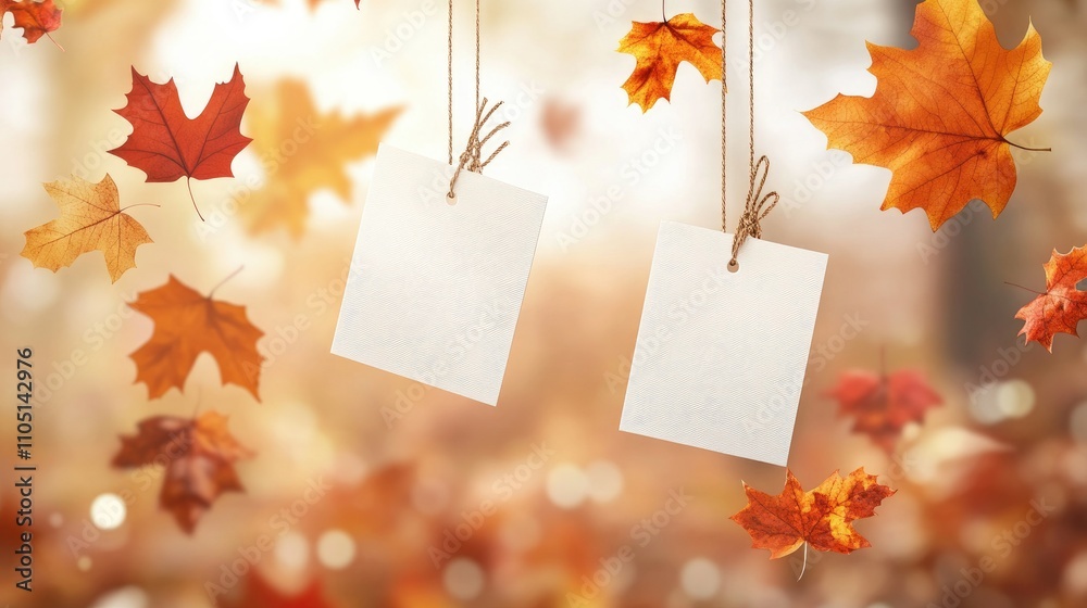 Poster two rectangular promotional labels hanging in the air, surrounded by flying autumn leaves, creating 