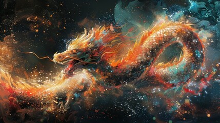 Fiery dragon art, mythical creature, fantasy artwork.