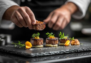 Gourmet Chef Preparing Exquisite Beef Medallions Appetizer