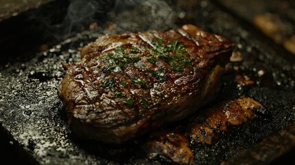 Grilling juicy steak backyard bbq food photography rustic setting close-up view culinary art