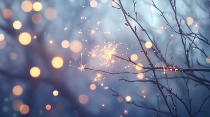 Sparkling Fireworks Adorn Winter Branches Lights