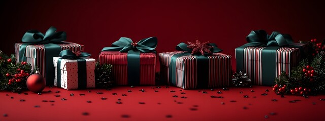 Festive red and green presents adorned with ribbons, surrounded by Christmas ornaments on a vibrant red backdrop, conveying a joyful holiday spirit,


