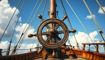 A ships wheel with intricate carvings on an antique sailing ship