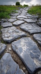 A scenic pathway made of gray stones, lined with grass, leading through a tranquil landscape under a cloudy sky.