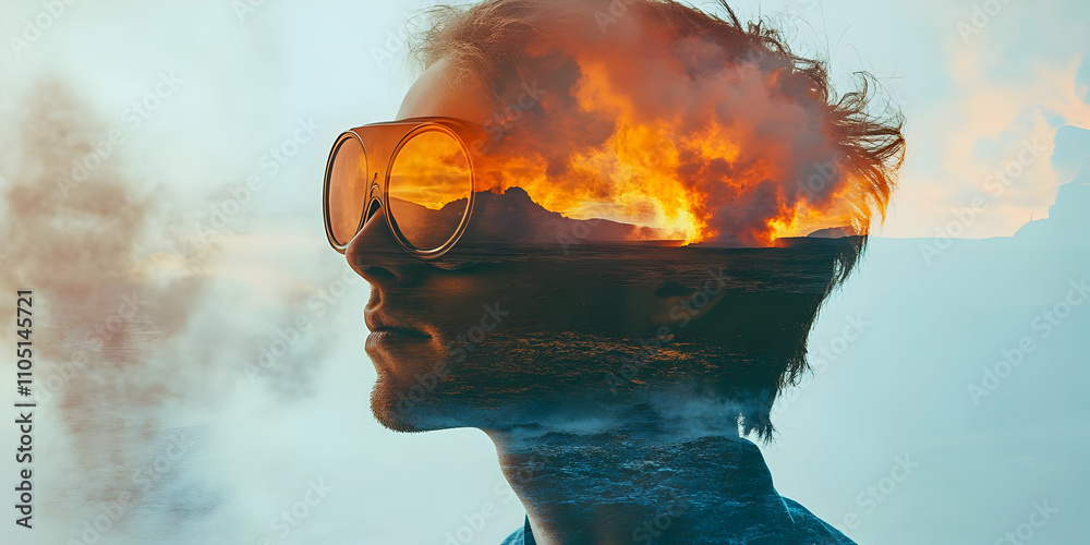 Poster A double exposure image of a person with a fiery landscape reflected in their sunglasses.