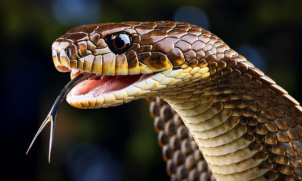 Dangerous poisonous cobra snake, animal in tropical nature. Snake with open mouth, showing sharp teeth and tongue. Concept: danger, poison, deadly bite.