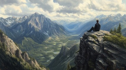 A man sits atop a mountain, gazing at the valley below, A hiker resting at the edge of a cliff, admiring a majestic mountain view