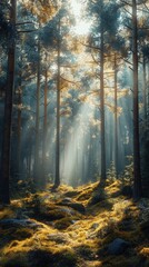 A serene forest scene with sunlight penetrating through trees, highlighting the vibrant greenery and natural beauty of the woods.